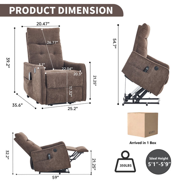 English Elm Beige Chenille Power Lift Recliner with Massage Heat and Usb for Senior Comfort Brown W1803P369080