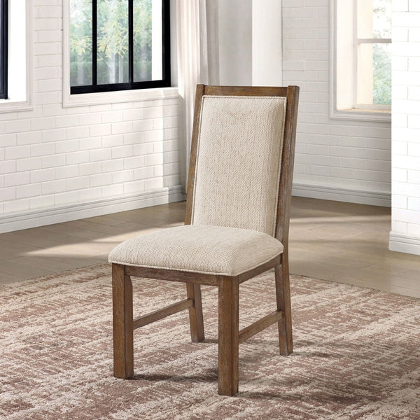 English Elm Transitional Rustic Oak Dining Side Chairs Set of 2 with Padded Beige Linen Seats, Solid Wood Comfort and Style Beige Multi 41 L x 15 W x 20 H B011P197294