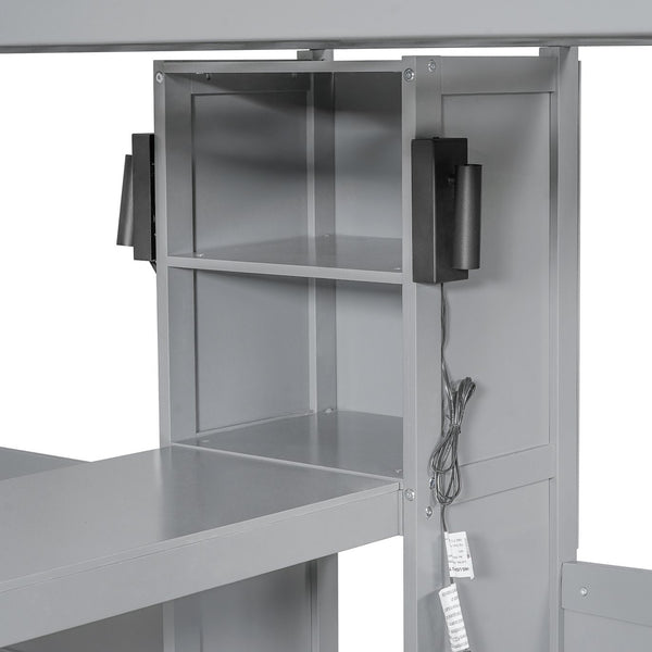 English Elm Twin Triple Bunk Bed with Built in Desk Open Shelving and Led Task Lighting Gray N7090002243E