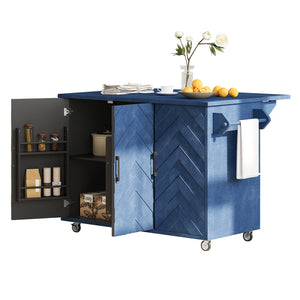 English Elm K&K Farmhouse Kitchen Island with 3D Wave Stripes Ash Veneer, Drop Leaf, Rolling Cart Storage Navy Blue N707P207915E
