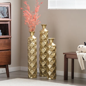 English Elm Metal Antique Gold Decorative Vase Set Of 3 - Modern Geometric Design With 3D Triangle Pattern W2796P193603