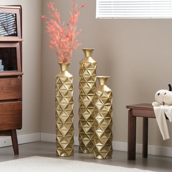 English Elm Metal Antique Gold Decorative Vase Set Of 3 - Modern Geometric Design With 3D Triangle Pattern W2796P193603