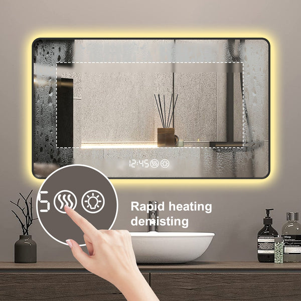 English Elm 48x32 Black Frame Wall Mirror with Time & Temp Display, 3-Color Dimmable LED, Defogger, Safety Glass W2709P242468