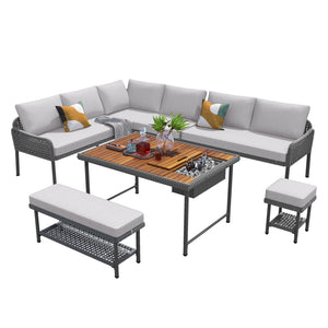 English Elm K&K 6-Piece Rope Patio L-Shaped Sectional Set with Acacia Wood Ice Box Table and Deep Cushions Grey N707S000014G