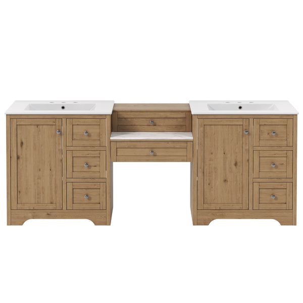 English Elm 84" Double Sink Vanity with Stone Countertop Six Soft Close Drawers and Silver Knobs Wood N817P404196B