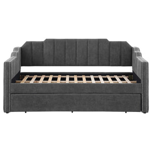 English Elm Pressley Charcoal Upholstered Twin Daybed with Trundle — Modern Channel-Tufted Wood Frame, Cozy Guest Seating for Small Spaces B062S01011