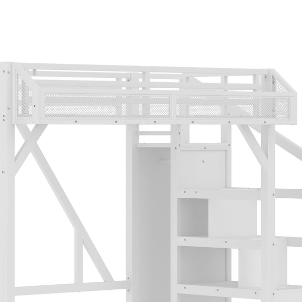 English Elm Full Xl Over Twin Triple Metal Bunk Bed with Storage Stairs and Shelves Black White W1580S00408
