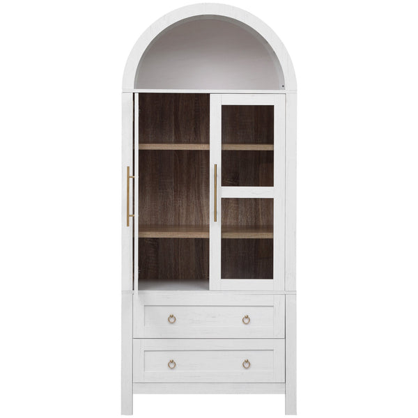 English Elm K&K 71" Arched Kitchen Pantry Cabinet with Glass Doors, Adjustable Shelves, Soft-Close Drawers White N707P288972W