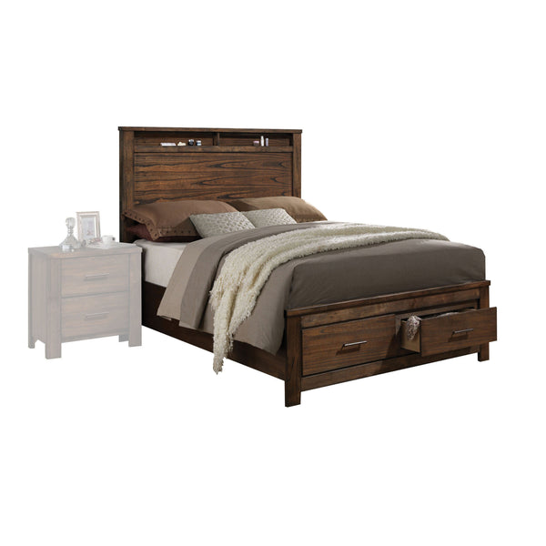 English Elm Oak Queen Bed with Low-Profile Storage Footboard, Panel Headboard Shelf & Casegood Drawer, No Box Spring Needed B062S00536