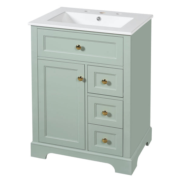 English Elm "24'' 24 Inch Glossy Freestanding Bathroom Vanity with Gold Hardware and Soft Close Storage Green Pinewood N725P375495F