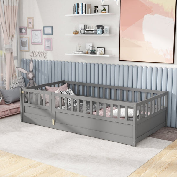 English Elm Twin Montessori Floor Bed Frame With High Security Barriers & Child-Friendly Door In Grey Finish W1858P164928-GIGA