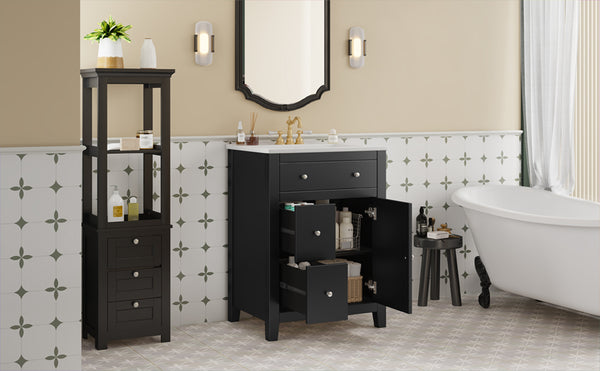English Elm 24" Modern Bathroom Vanity with Ceramic Basin, French Country Cross-Grid Design & Soft-Close Drawers Black N710P280655B