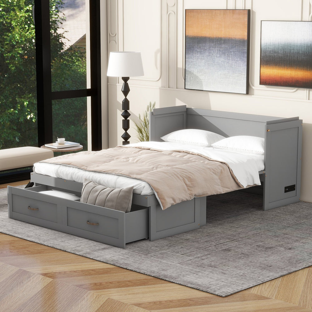 English Elm Full Size Murphy Wall Bed with Storage Drawer Usb Ports and Metal Handles for Small Spaces LP000669AAE