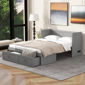 English Elm Full Size Murphy Wall Bed with Storage Drawer Usb Ports and Metal Handles for Small Spaces LP000669AAE