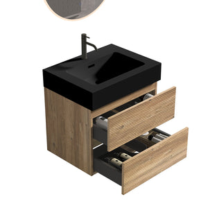 English Elm 24' Mid-Century Wall-Mounted Vanity with Engineered Quartz Basin, Hidden Handle, Extra Storage, Soft-Close Drawers Oak W1865S00164