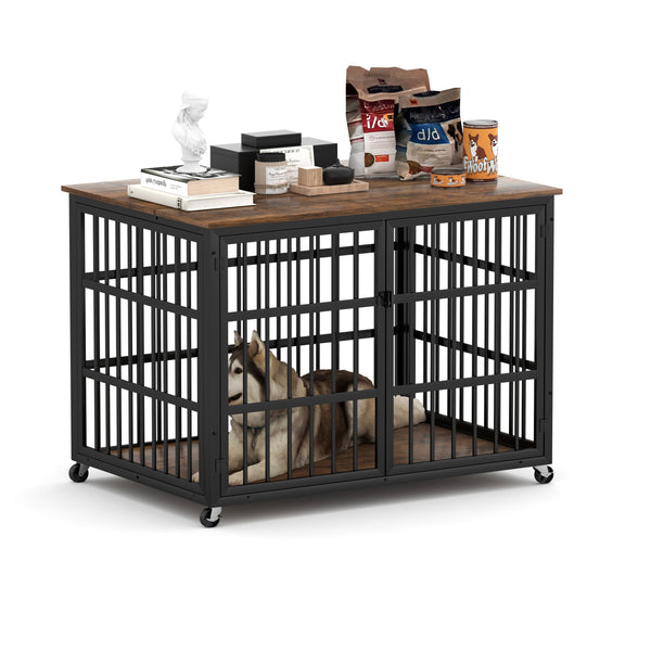 English Elm Furniture style dog crate with sturdy steel frame, particle board top for 150lb storage, fits dogs up to 70lb Rustic Brown W1162119831