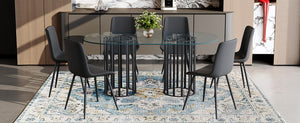 English Elm Table Set Oval Tempered Glass Top with Six Brown Fabric Chairs for Modern Dining Black,Transparent W1151S04748