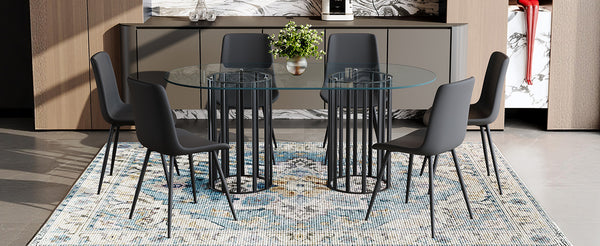 English Elm Table Set Oval Tempered Glass Top with Six Brown Fabric Chairs for Modern Dining Black,Transparent W1151S04748
