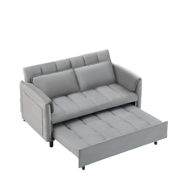 English Elm 52 Grey Modern Velvet Sofa Bed Convertible 3-in-1 Small Loveseat with Pillows, Pockets, Metal Legs, 500lb Capacity W1658P266339