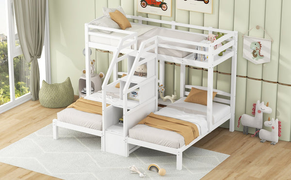 English Elm Twin Triple Bunk Bed Pine Frame with Staircase Storage Drawers for Kids Rooms GX000309AAK