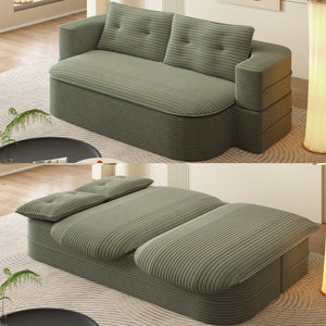English Elm 78.7" Modern Foldable Corduroy Sofa Bed with 2 Pillows and Blanket, Convertible Deep Seat Sleeper Couch Green W3219P368262