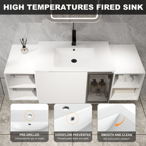 English Elm 54" Floating Bathroom Vanity Glossy White Plywood Cabinet with Ceramic Sink Grey Glass Door W999S00530