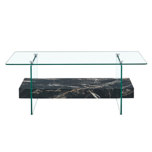 English Elm Rectangular Two Tier Glass Coffee Table with Marble Shelf for Modern Living Rooms W2920P226071