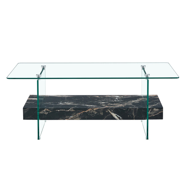 English Elm Rectangular Two Tier Glass Coffee Table with Marble Shelf for Modern Living Rooms W2920P226071