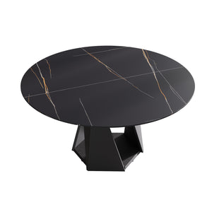 English Elm 59.05" Round Marble Dining Table - Elegant Artificial Marble Top, Black Iron Base For 6-8 Guests W1535S00402