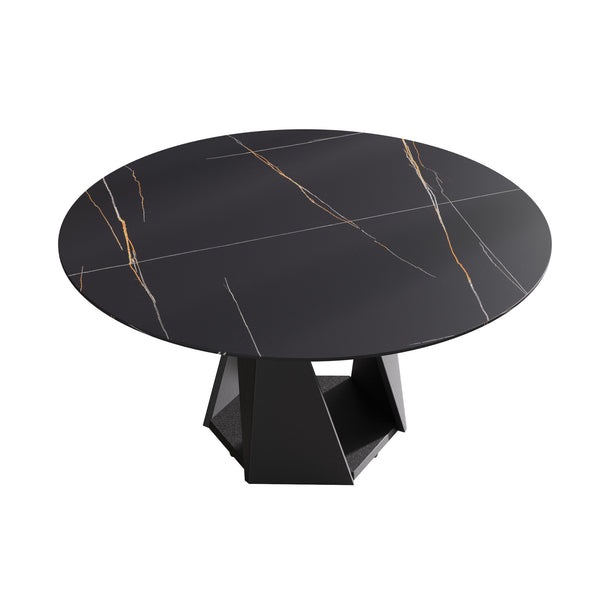 English Elm 59.05" Round Marble Dining Table - Elegant Artificial Marble Top, Black Iron Base For 6-8 Guests W1535S00402