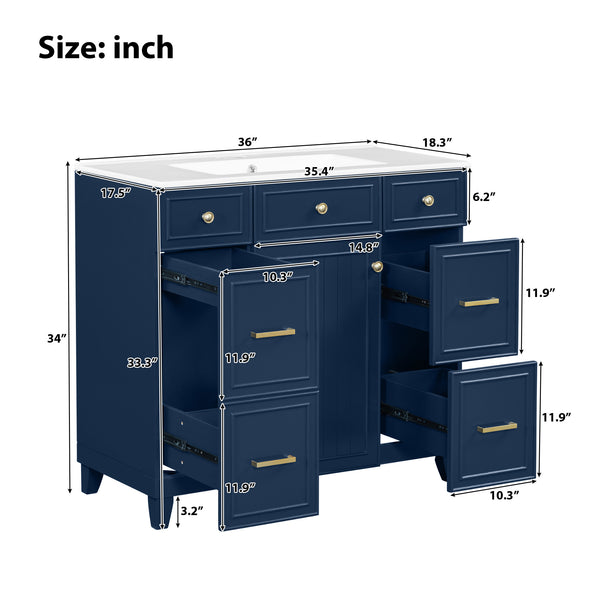 English Elm 36" 36-inch Transitional Bathroom Vanity with Ceramic Basin, Solid Wood Frame, Soft-Close Storage Elegance Blue N729P255663C