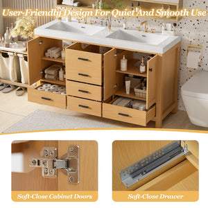 English Elm [video]59.3 Inch Wall Mounted Double Sink Vanity Wood Grain Mdf Soft Close Storage N729P000013O