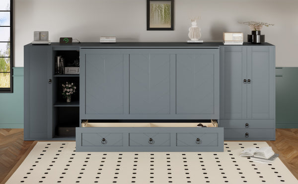 English Elm Queen Murphy Bed with Wardrobe Cabinets Built-in Usb Charging and Concealed Drawers Gray LP000590AAE