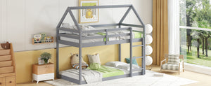English Elm Twin Rubber Wood Floor Bunk Bed House-Shaped Design with Ladder Guardrails Sturdy Low-Profile Retreat Grey W504P206863