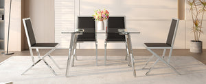 English Elm Table and Chair Set Tempered Glass Top with Silver Metal Legs Modern Luxury Dining for Four Black+Silver,Transparent W1151S04786