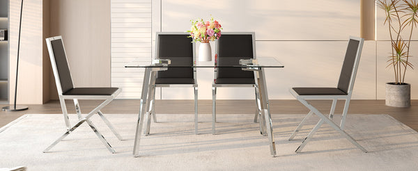 English Elm Table and Chair Set Tempered Glass Top with Silver Metal Legs Modern Luxury Dining for Four Black+Silver,Transparent W1151S04786