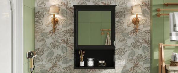 English Elm 20'' Half-Moon Wall Medicine Cabinet with Mirror, Solid Wood Frame, Soft-Close Hinges, Space-Saving Elegance Black N710P313827B