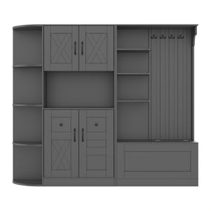 English Elm Multifunctional Modular Hall Tree Cabinet with Open Shelves and Hooks for Entryway Black W1580S00566