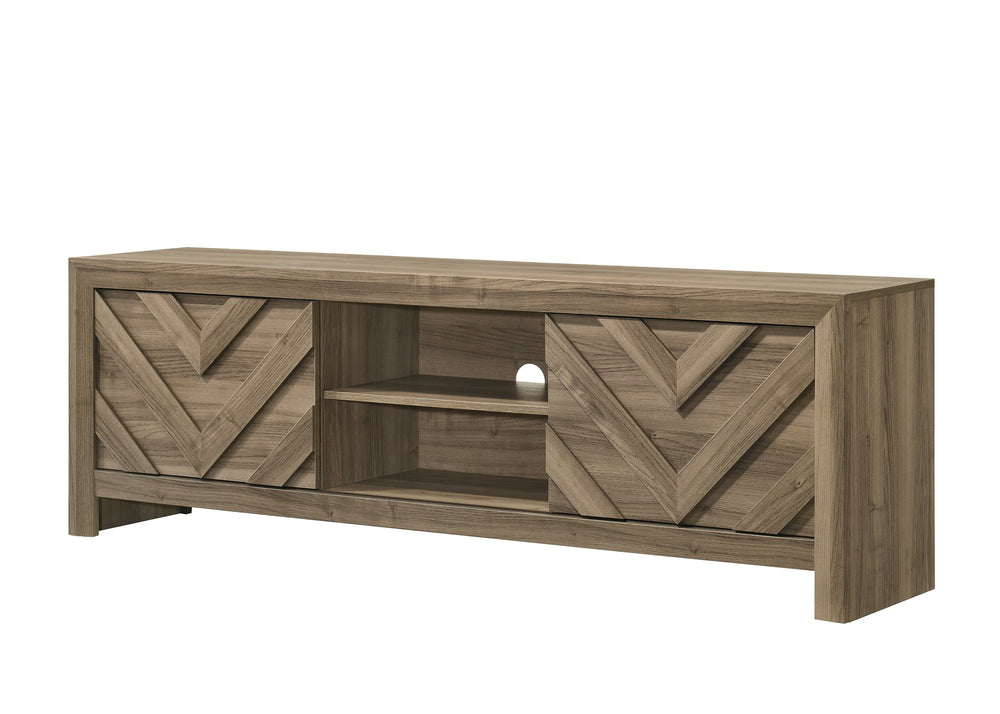English Elm 1pc Rustic Chevron TV Stand 71.2" - Warm Wood Entertainment Console with Geometric Doors, Ample Storage B2741P383312