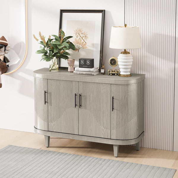 English Elm Modern Curved Sideboard Solid Wood Console Table with 4 Doors, Adjustable Shelves & Zinc Handles for Living Room Storage Scandi Style, Durable 220lb Top Capacity Champagne W757P190336