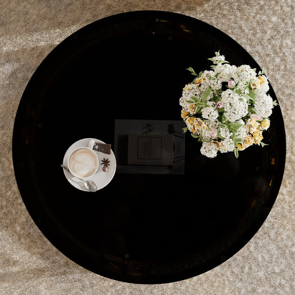 English Elm Round Tempered Glass Coffee Table with Gold Geometric Metal Base and Open Storage Shelf Black N735P396530B