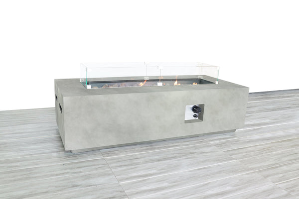 English Elm Rectangular Fiber-Reinforced Concrete Propane Fire Pit Table, 56" Modern White Stone 60,000 BTU B120S00123