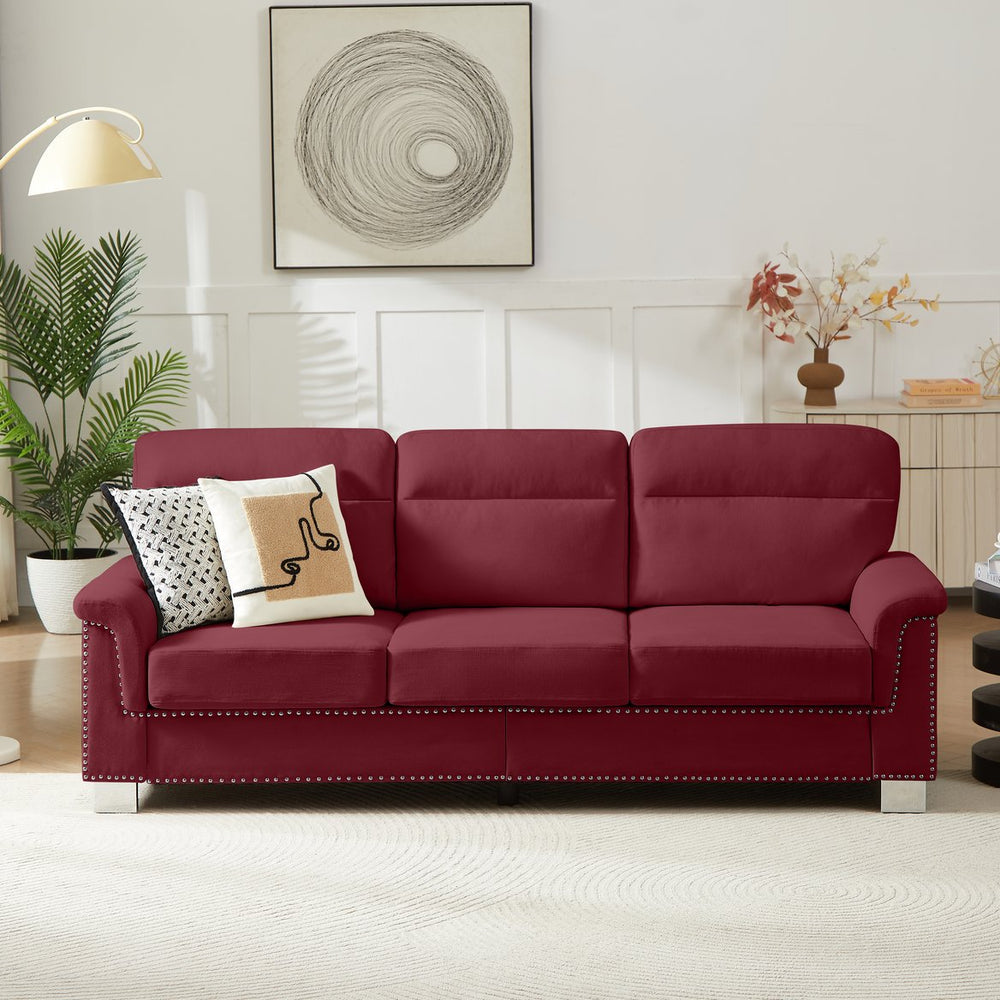 English Elm 82" Chesterfield Snowfleece Upholstered 3-seat Sofa Nailhead Trim Plush Living Room Burgundy W1359P386020