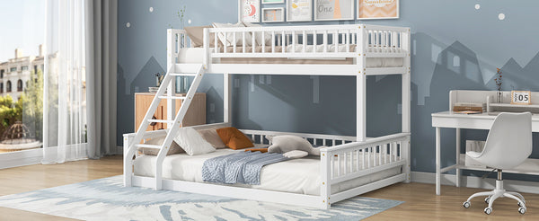 English Elm Twin Twin XL over Queen bunk bed with ladder and guardrails, sturdy pine MDF frame for small rooms White GX000464AAK