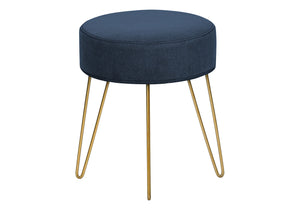 English Elm Ottoman, 14" Round Blue Plush Pouf with Gold Hairpin Legs — Versatile Footrest, Seat & Accent Piece B2710P220008