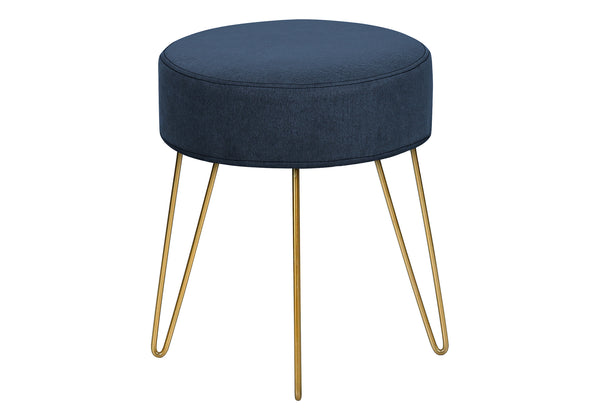 English Elm Ottoman, 14" Round Blue Plush Pouf with Gold Hairpin Legs — Versatile Footrest, Seat & Accent Piece B2710P220008