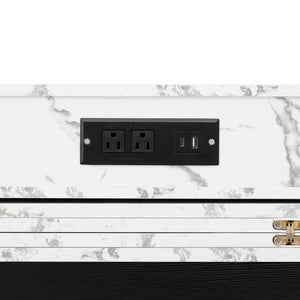 English Elm Trexm Rolling Kitchen Island Extendable Marble Top Cabinet Drawers Power Outlet Black,White Marble XW000029AAB