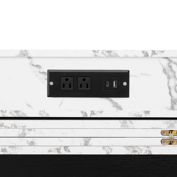 English Elm Trexm Rolling Kitchen Island Extendable Marble Top Cabinet Drawers Power Outlet Black,White Marble XW000029AAB