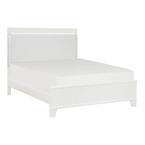 English Elm White LED Queen Bed with Opalescent Faux Leather Headboard High Gloss Modern Bedroom Centerpiece White 80.25 L x 7.75 W x 4.5 H B011S00907