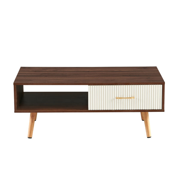 English Elm Rectangle Coffee Table With Solid Wood Legs & Sliding Drawer - Modern Walnut Design For Living Room W1265P236879-GIGA